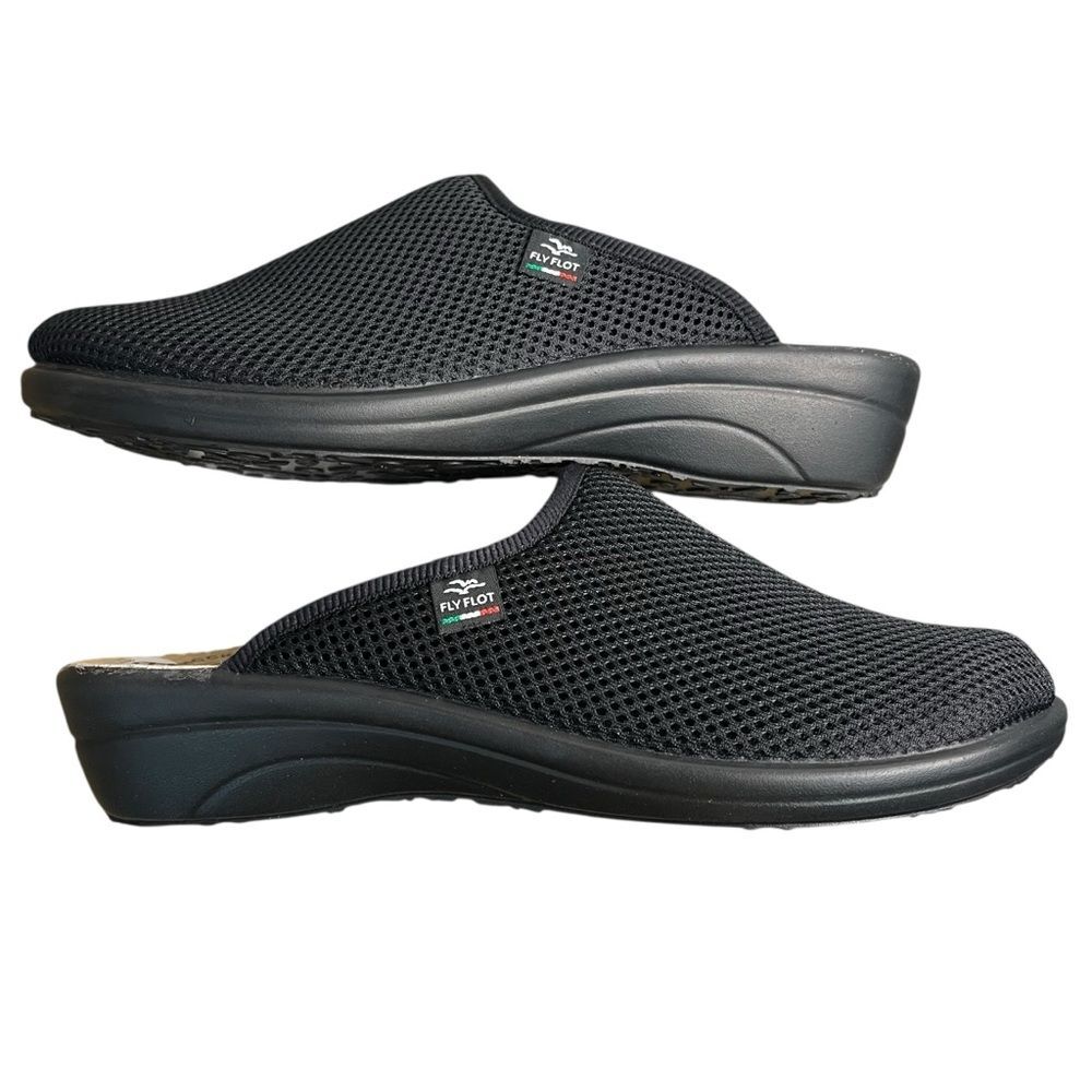NWT Fly Flot Anatomic Mesh Mule Clog size 9M Black Slip On Comfort Wedge Shoes